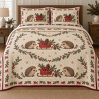 One lightweight quilt and two shams with four printed hedgehogs, red cranberry sleighs, fir garlands and visible quilting