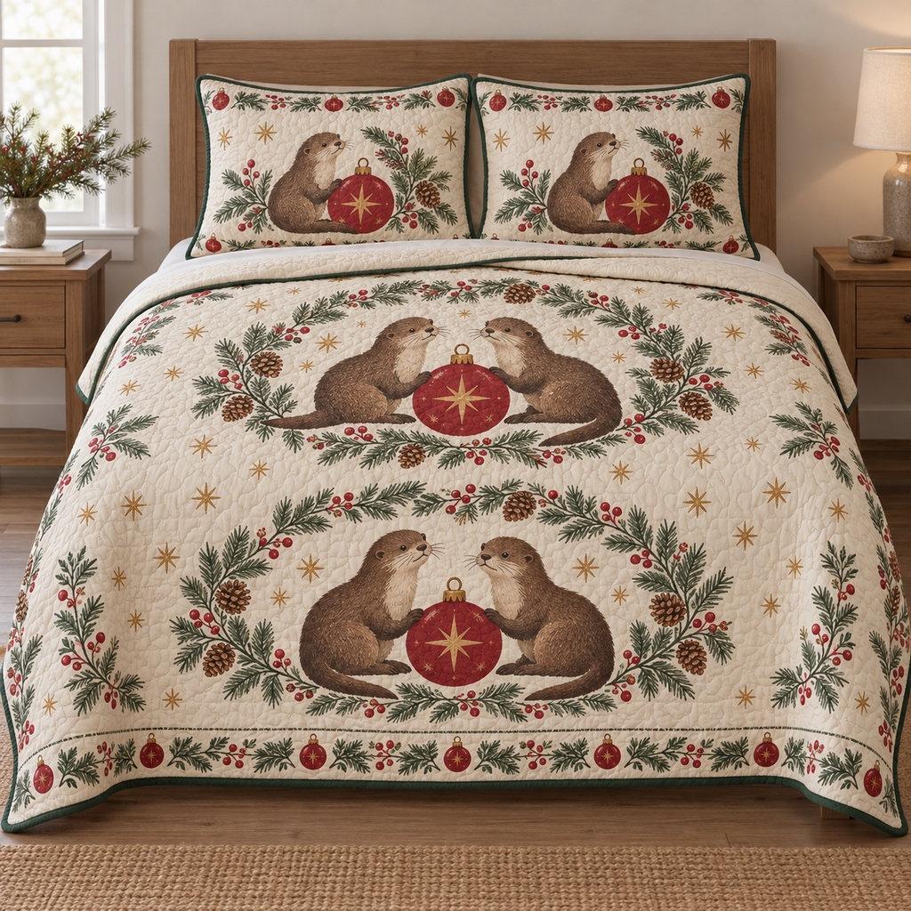One lightweight quilt and two shams with four printed otters, cranberry star baubles, fir medallions and visible quilting