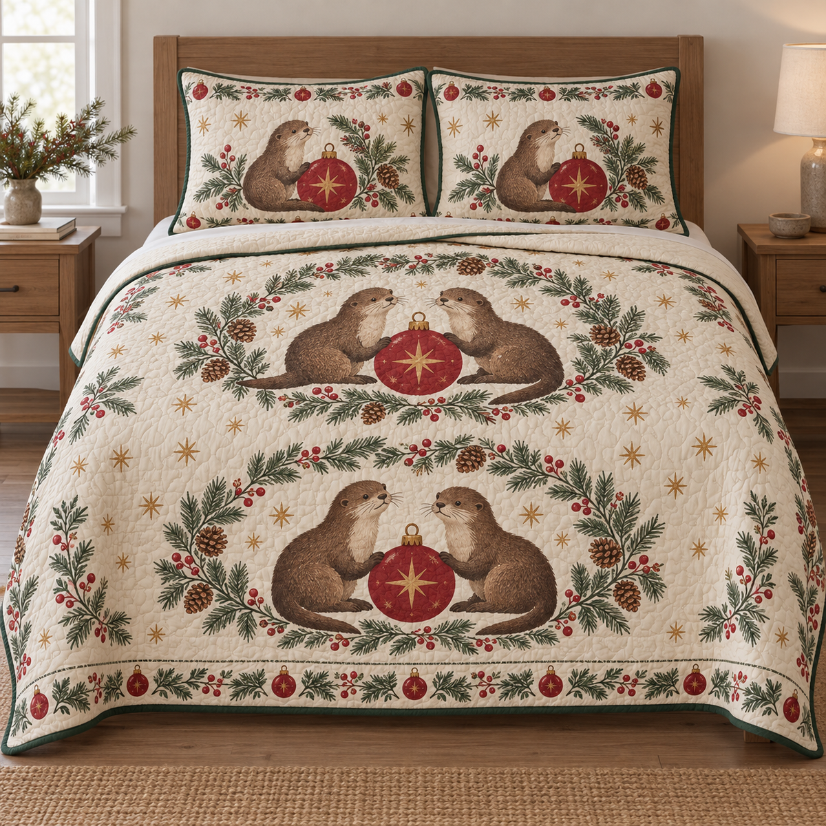 One lightweight quilt and two shams with four printed otters, cranberry star baubles, fir medallions and visible quilting