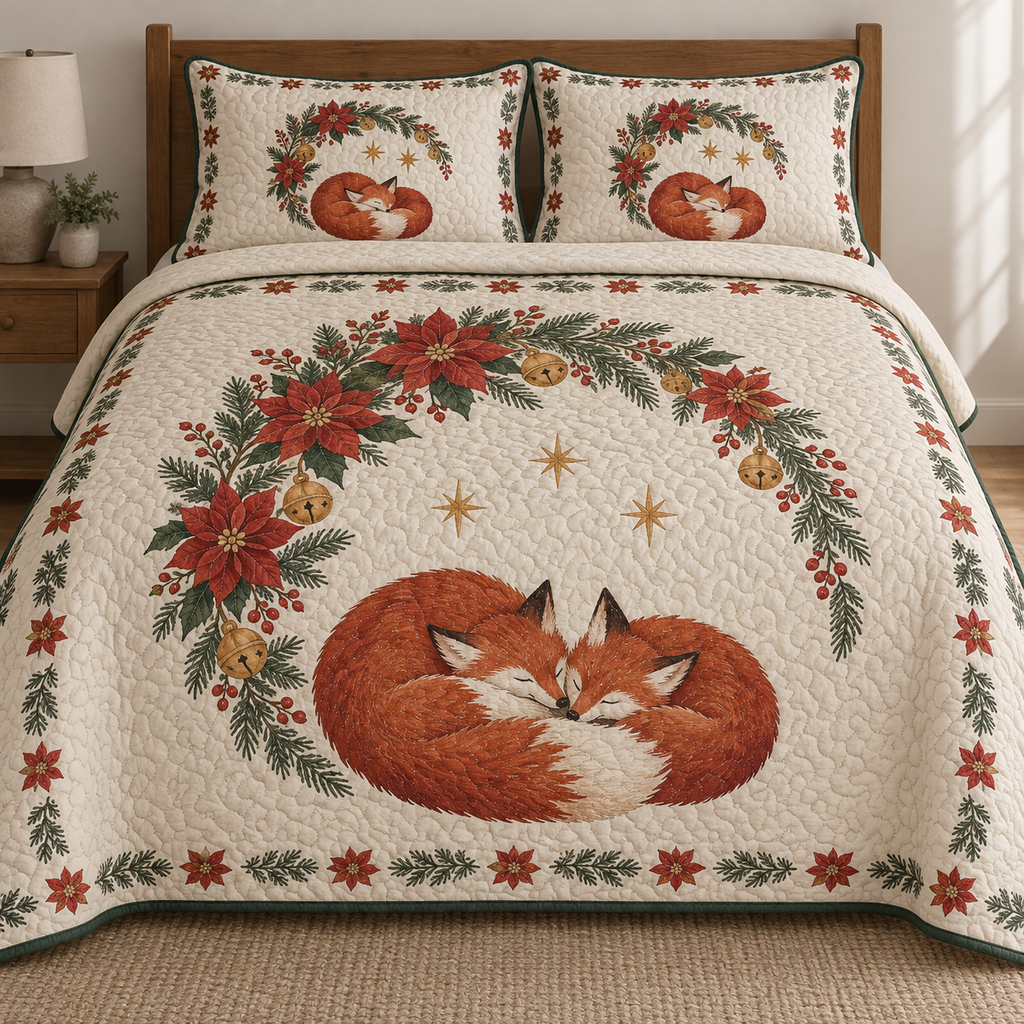 One lightweight quilt and two shams with printed curled foxes, poinsettia crescent and bells, green binding and visible quilt stitching