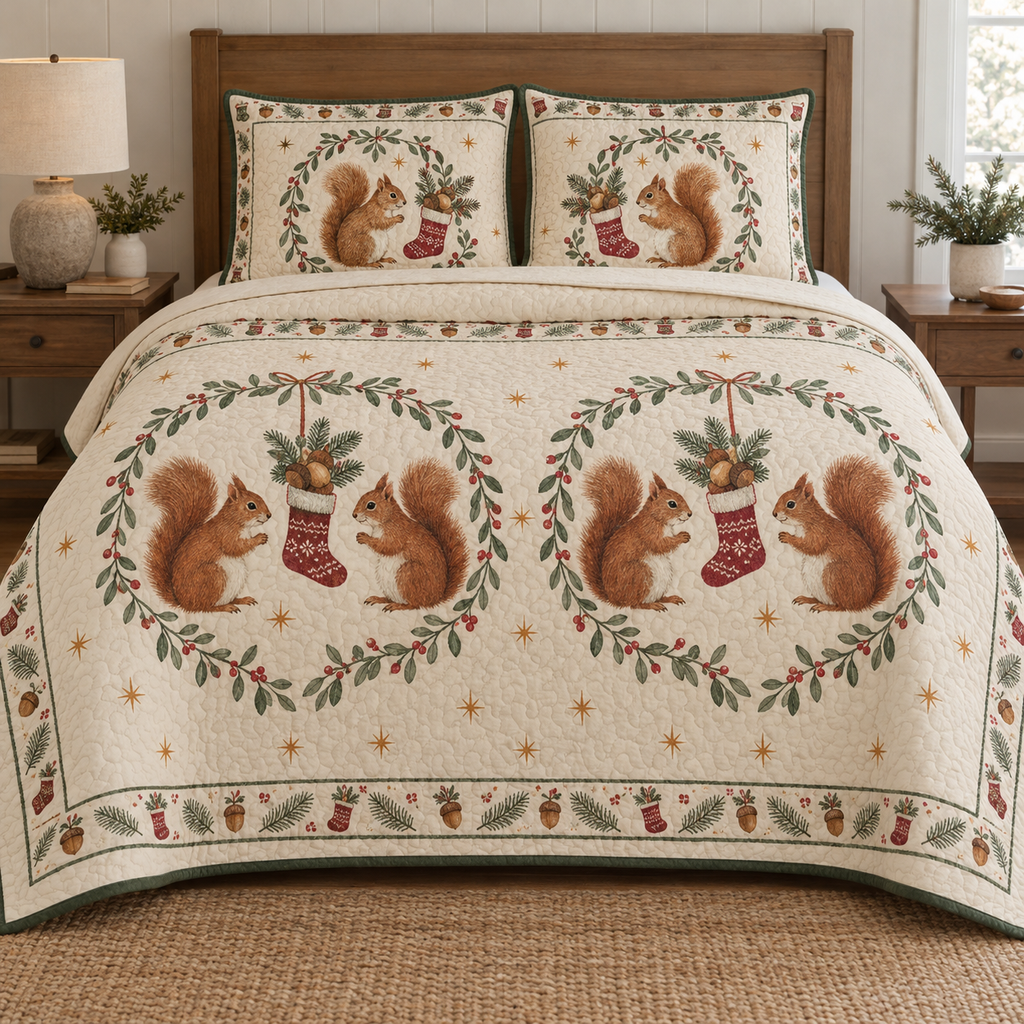 One lightweight quilt and two shams with four printed red squirrels, acorn stockings, mistletoe medallions and visible quilting