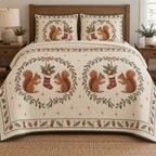 One lightweight quilt and two shams with four printed red squirrels, acorn stockings, mistletoe medallions and visible quilting