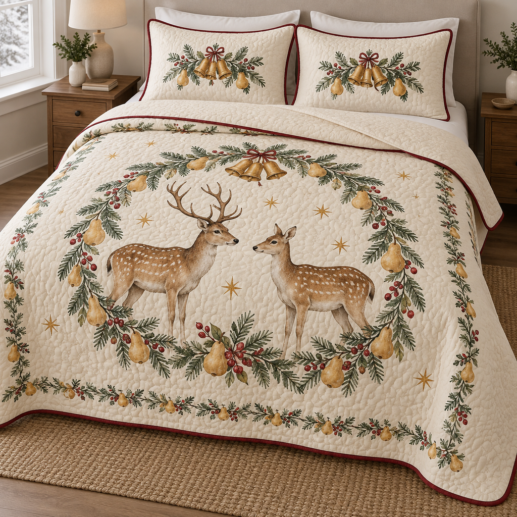 One ivory quilt with two matching shams, printed stag and doe under a pear fir and bell garland, cranberry binding and visible meandering quilt channels
