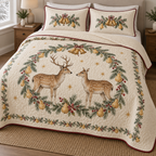 One ivory quilt with two matching shams, printed stag and doe under a pear fir and bell garland, cranberry binding and visible meandering quilt channels