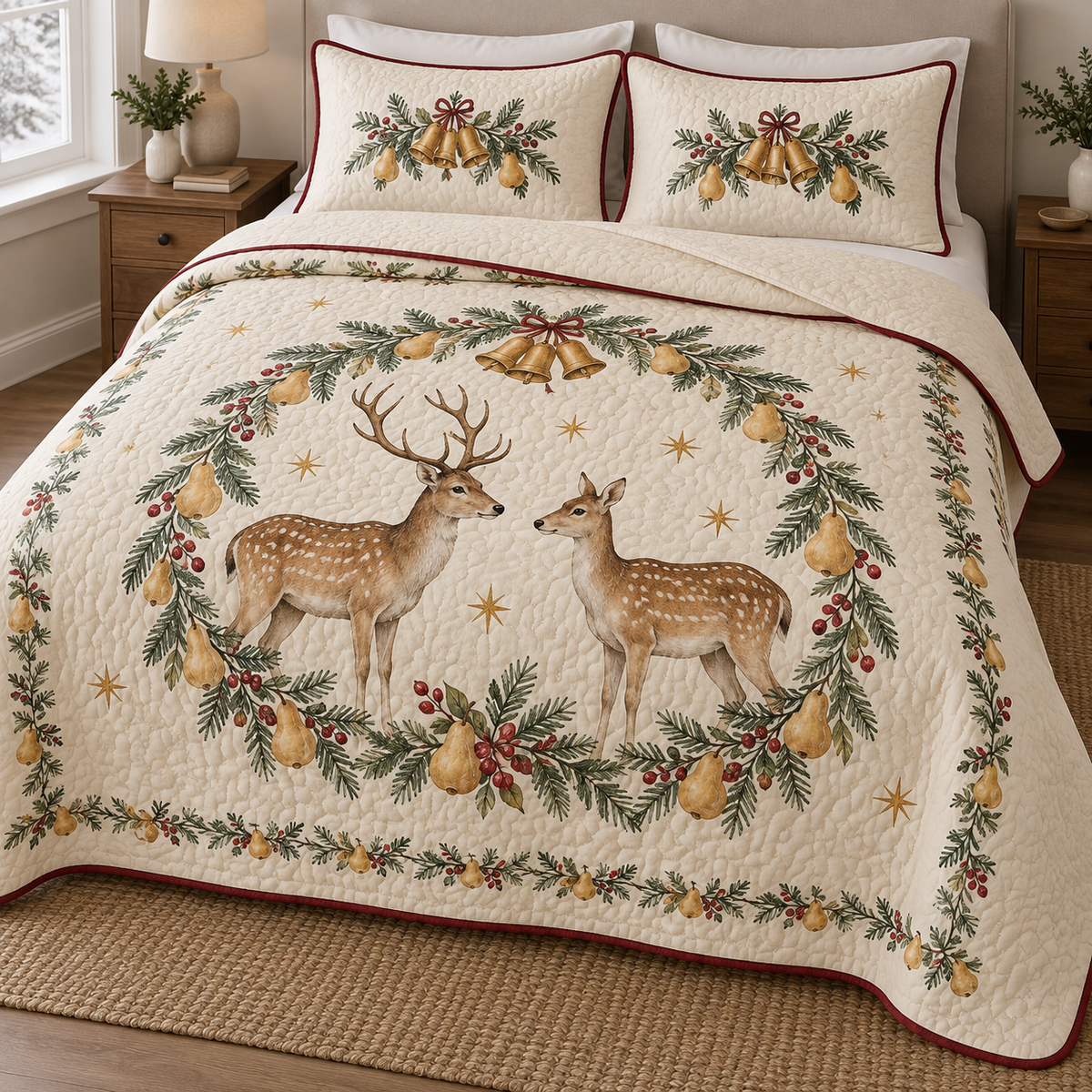 One ivory quilt with two matching shams, printed stag and doe under a pear fir and bell garland, cranberry binding and visible meandering quilt channels