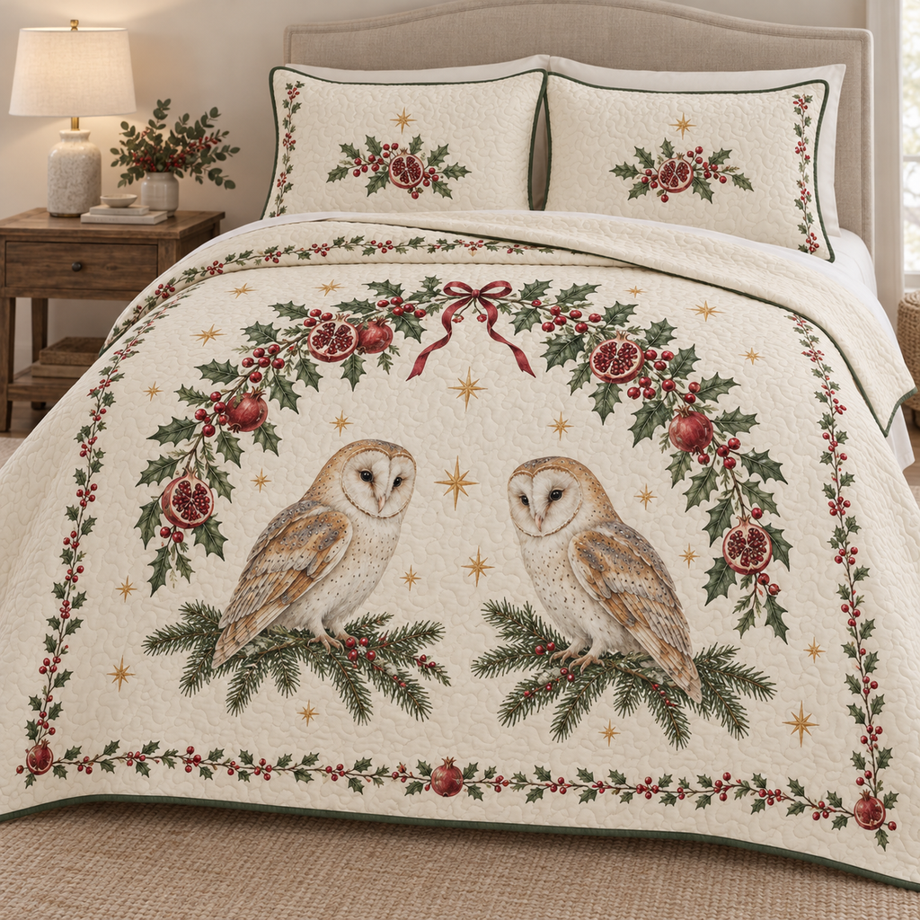One ivory quilt and two matching shams with two printed barn owls beneath holly pomegranate arch, evergreen binding and meandering channels