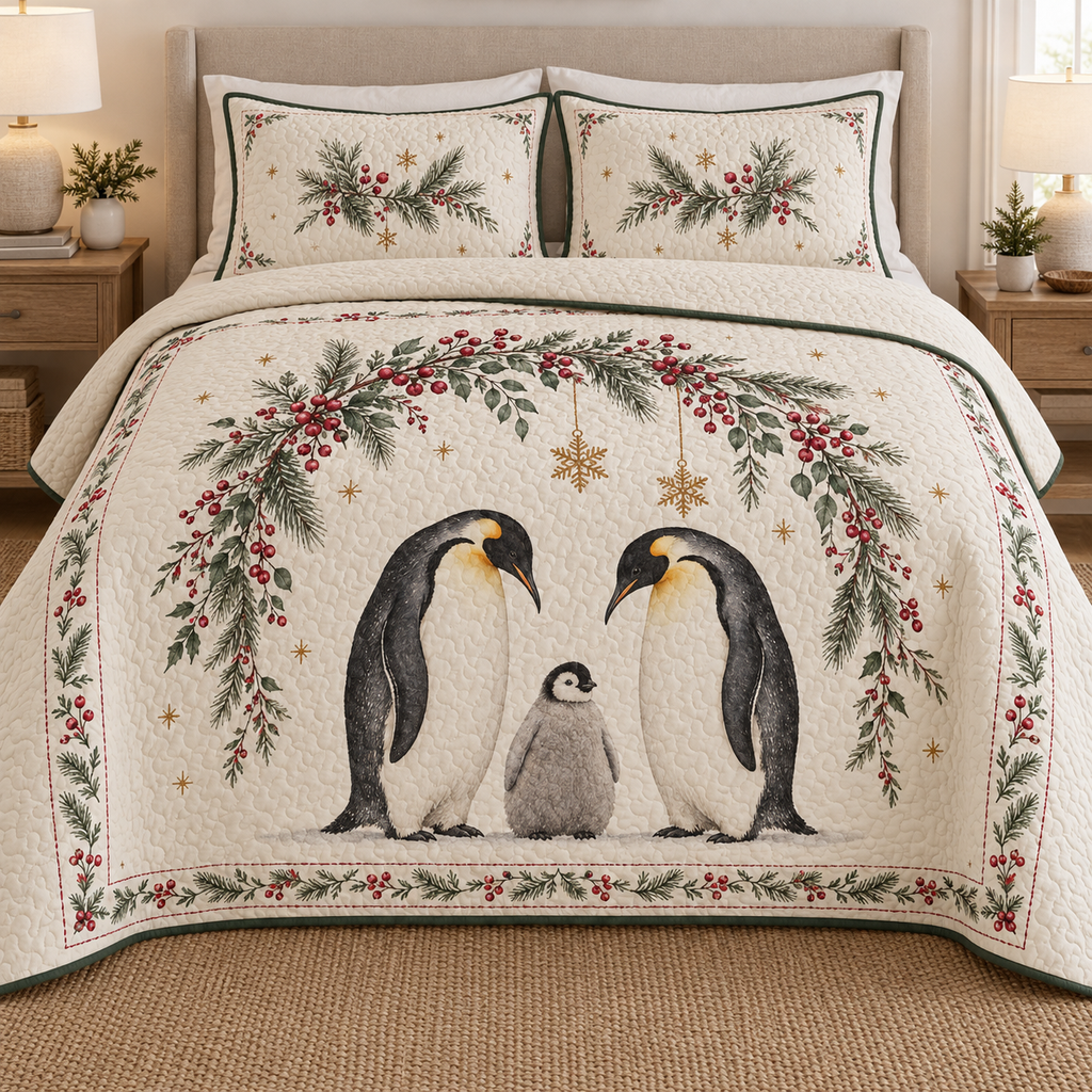 One ivory quilt and two matching shams with printed emperor penguin family, cranberry fir snowflake arch, green binding and dense quilting