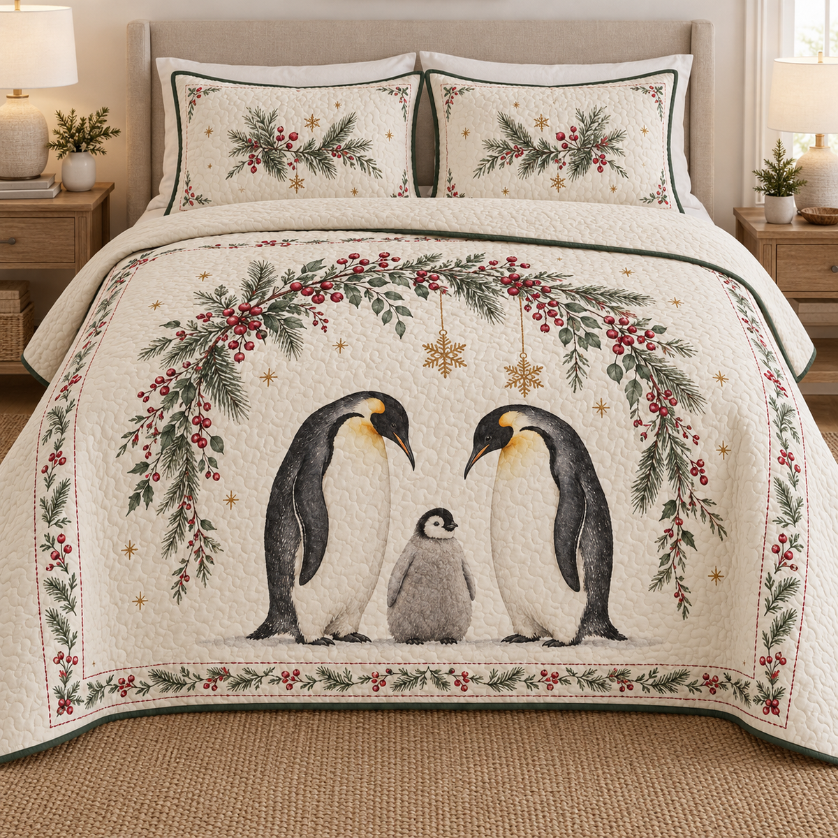 One ivory quilt and two matching shams with printed emperor penguin family, cranberry fir snowflake arch, green binding and dense quilting