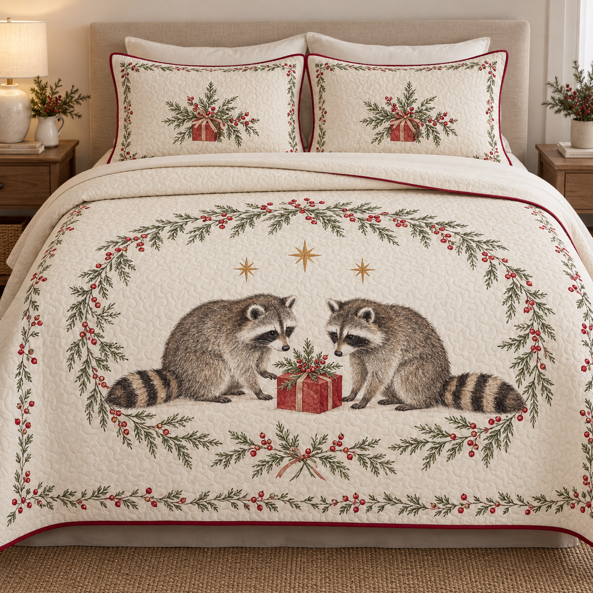 One ivory quilt and two matching shams with printed raccoon pair and red gift, cedar winterberry garland, cranberry binding and dense quilting