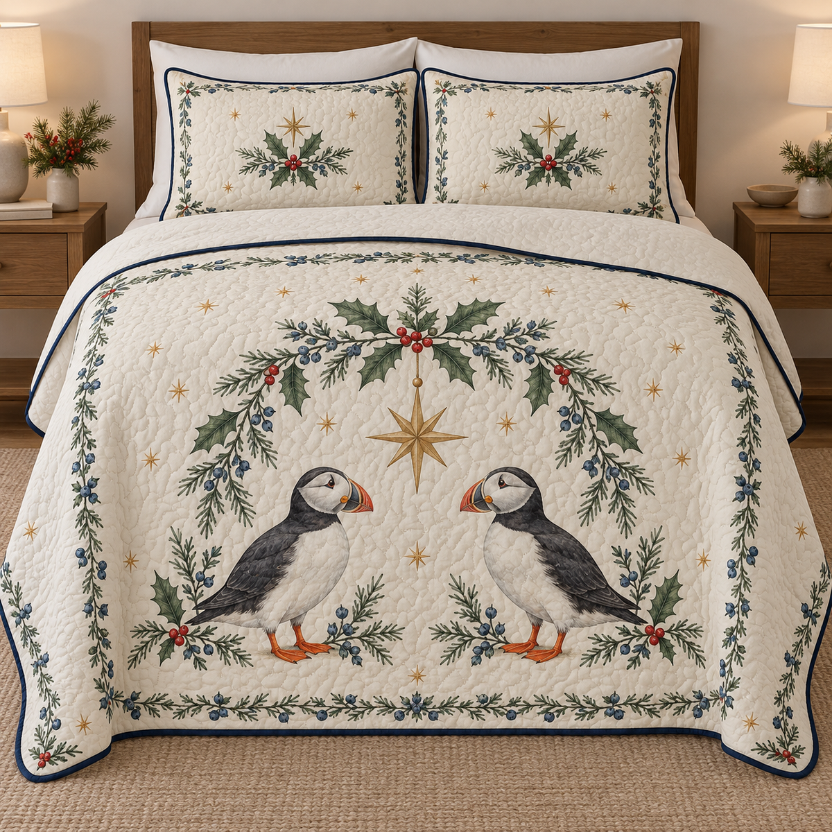 One ivory quilt and two matching shams with printed puffin pair, holly juniper star arch, navy binding and dense quilting