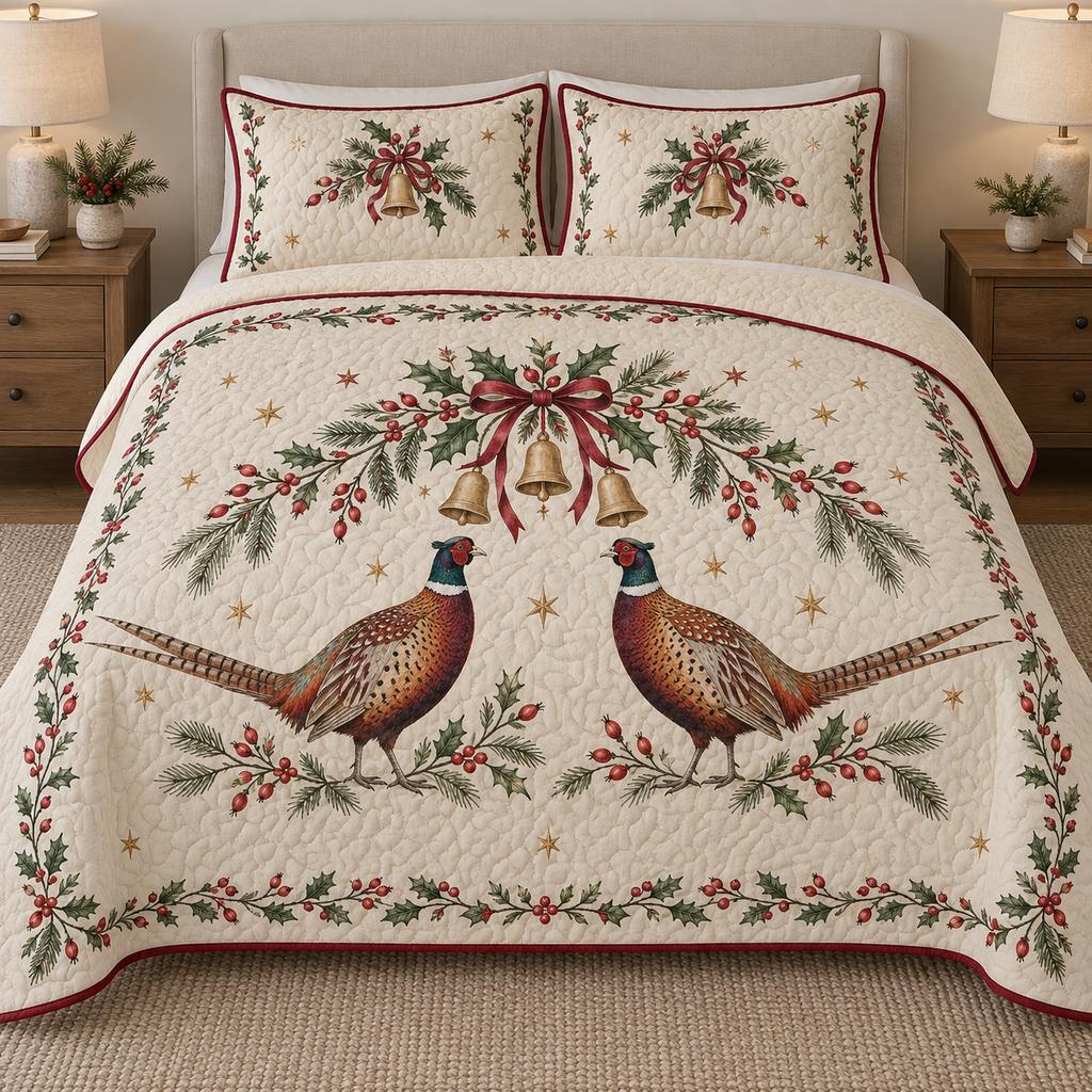 One ivory quilt and two shams with printed pheasant pair under holly rosehip bells, cranberry binding and dense quilting