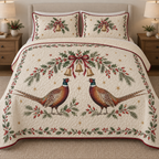 One ivory quilt and two shams with printed pheasant pair under holly rosehip bells, cranberry binding and dense quilting