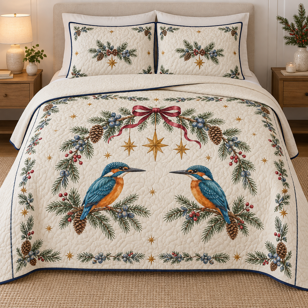 One ivory quilt and two shams with printed kingfisher pair under pinecone juniper stars, navy binding and dense quilting