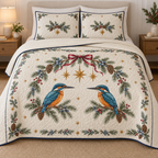 One ivory quilt and two shams with printed kingfisher pair under pinecone juniper stars, navy binding and dense quilting