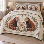 One ivory lightweight quilt and two matching pillow shams with printed red panda pairs, cedar winterberry oval and crossed candy canes, forest green binding and cream reverse fold