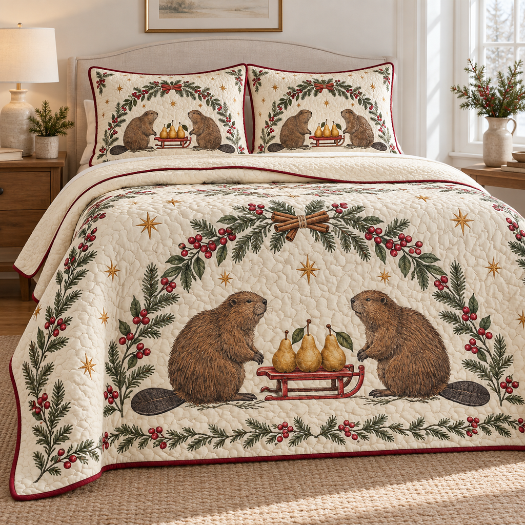 One ivory lightweight quilt and two matching pillow shams with printed beaver pairs, fir cranberry cinnamon arch and red pear sleigh, cranberry binding and cream reverse fold
