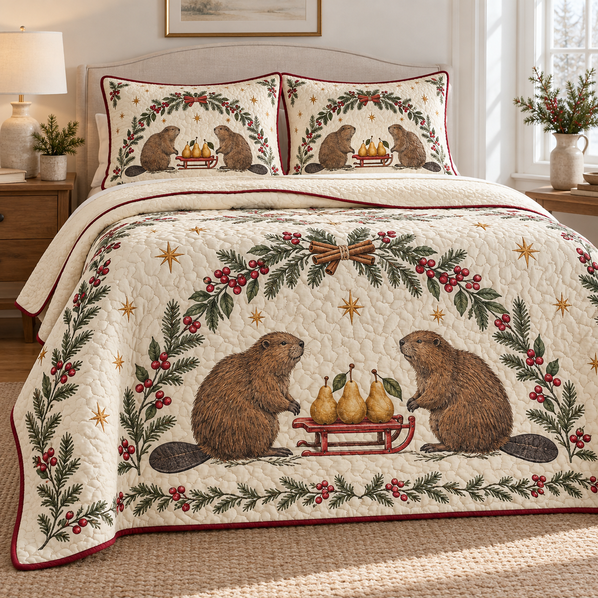 One ivory lightweight quilt and two matching pillow shams with printed beaver pairs, fir cranberry cinnamon arch and red pear sleigh, cranberry binding and cream reverse fold