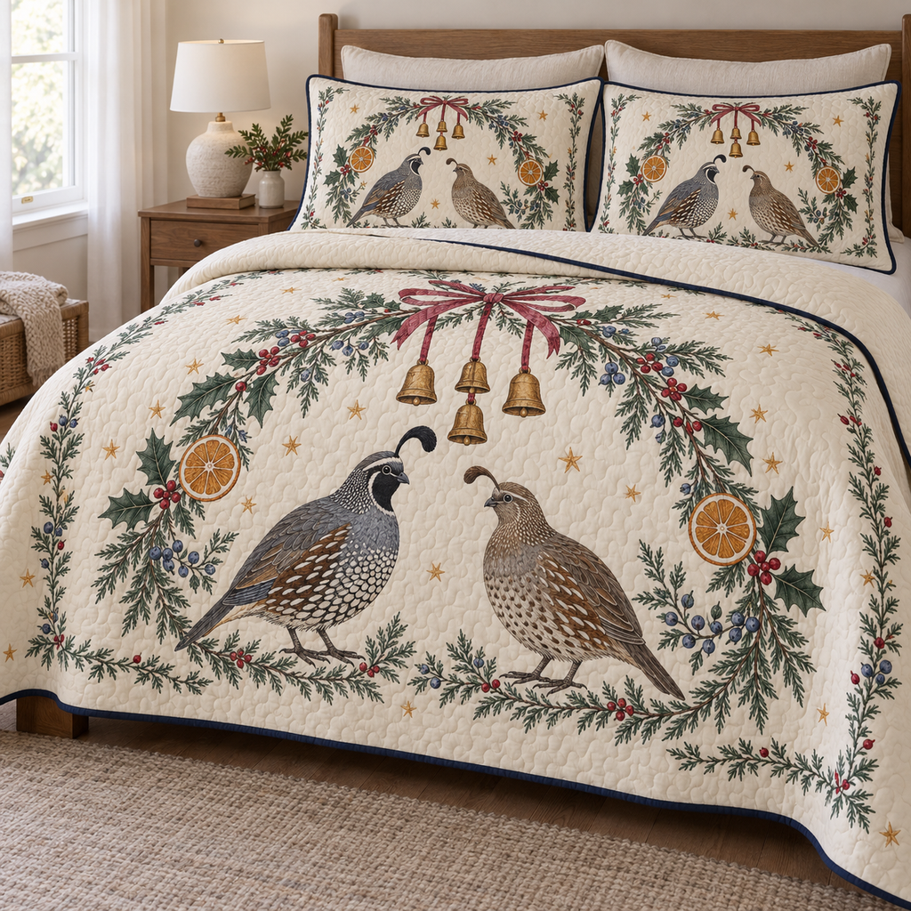 One ivory lightweight quilt and two matching pillow shams with printed California quail pairs, juniper holly orange arch and four ochre bells, navy binding and cream reverse fold