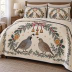 One ivory lightweight quilt and two matching pillow shams with printed California quail pairs, juniper holly orange arch and four ochre bells, navy binding and cream reverse fold