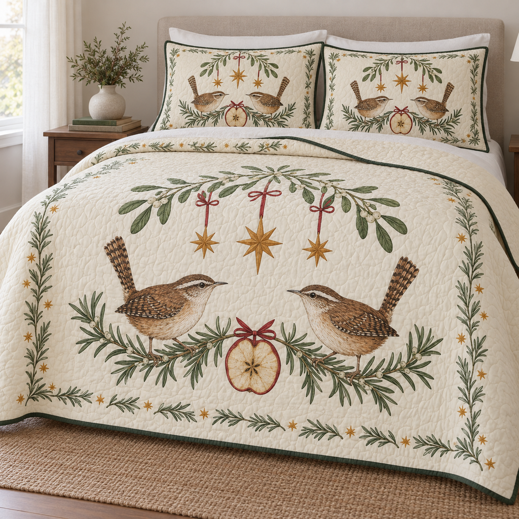 One ivory lightweight quilt and two matching pillow shams with printed wren pairs, mistletoe dried apple arch and three ochre stars, forest green binding and cream reverse fold