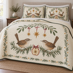 One ivory lightweight quilt and two matching pillow shams with printed wren pairs, mistletoe dried apple arch and three ochre stars, forest green binding and cream reverse fold