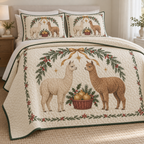 One ivory lightweight quilt and two matching pillow shams with printed cream and brown alpaca pairs, cedar holly arch and cranberry pomegranate basket, forest green binding and cream reverse fold
