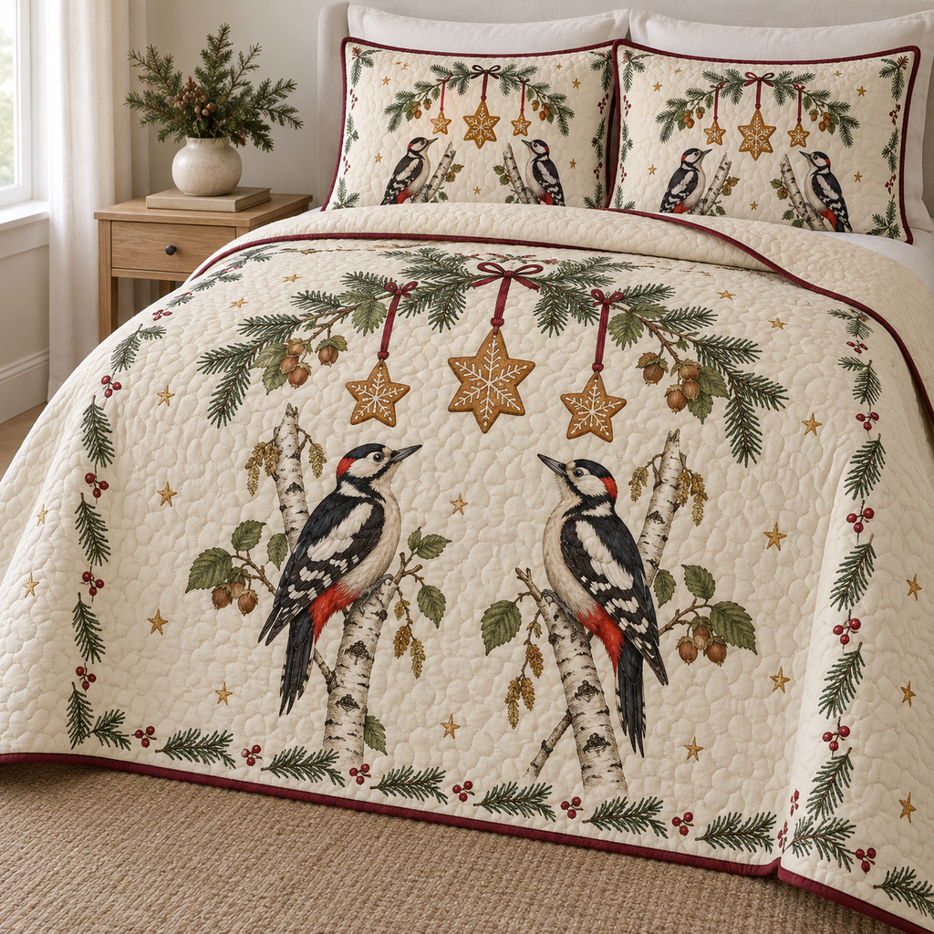 One ivory lightweight quilt and two matching pillow shams with printed great spotted woodpecker pairs, fir hazelnut arch and three cookie stars, cranberry binding and cream reverse fold
