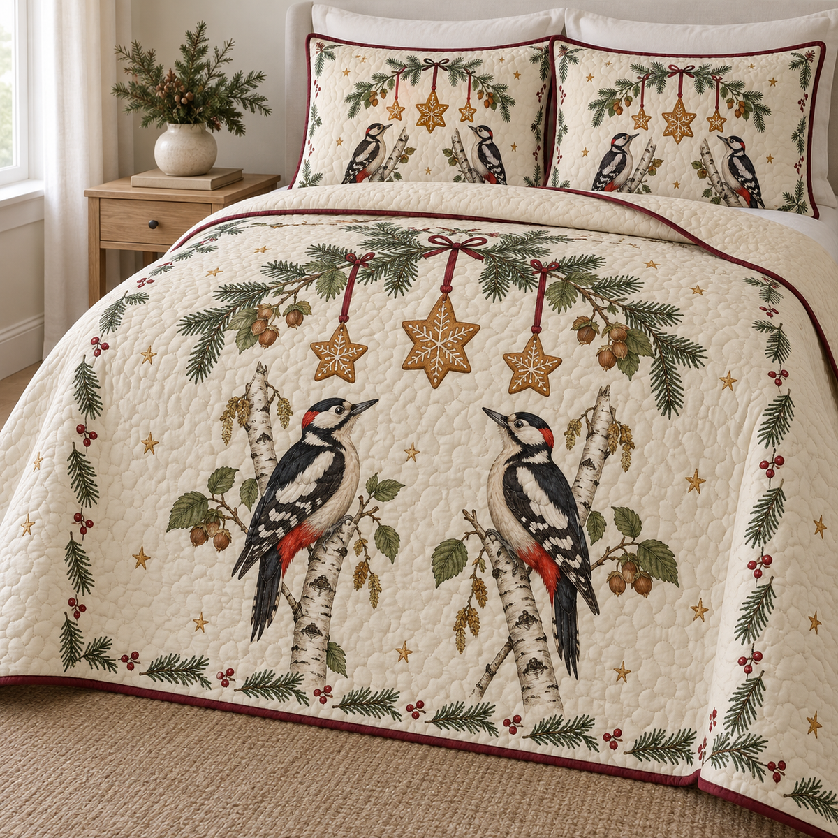One ivory lightweight quilt and two matching pillow shams with printed great spotted woodpecker pairs, fir hazelnut arch and three cookie stars, cranberry binding and cream reverse fold