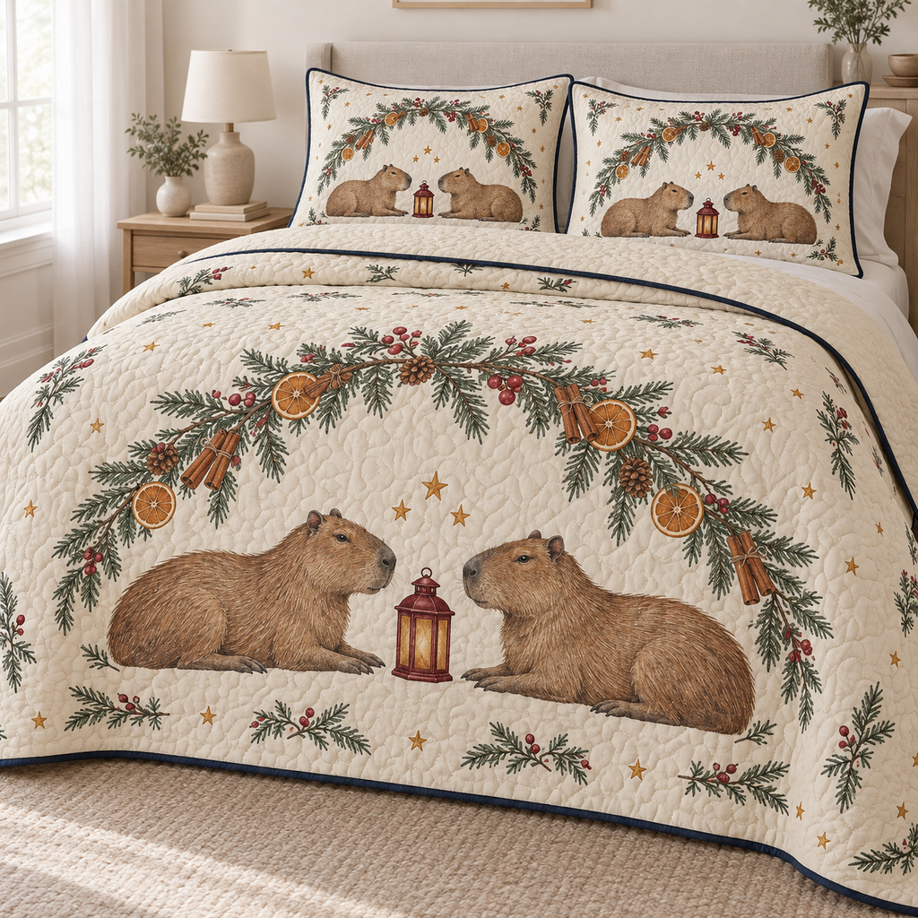 One ivory lightweight quilt and two matching pillow shams with printed capybara pairs, fir orange cinnamon arch and cranberry lantern, navy binding and cream reverse fold