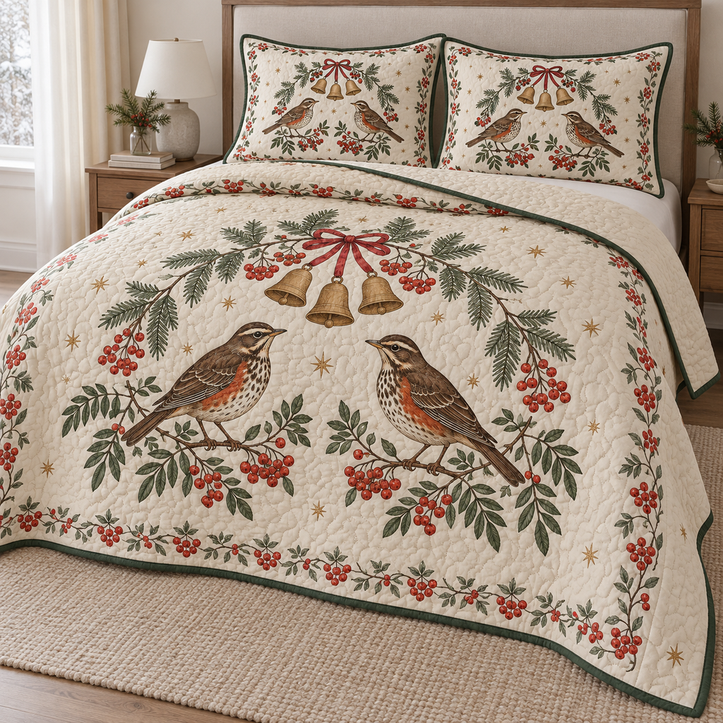 One ivory lightweight quilt and two matching pillow shams with printed redwing thrush pairs, fir rowan berry arch and ochre bells, forest green binding and cream reverse fold