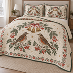 One ivory lightweight quilt and two matching pillow shams with printed redwing thrush pairs, fir rowan berry arch and ochre bells, forest green binding and cream reverse fold