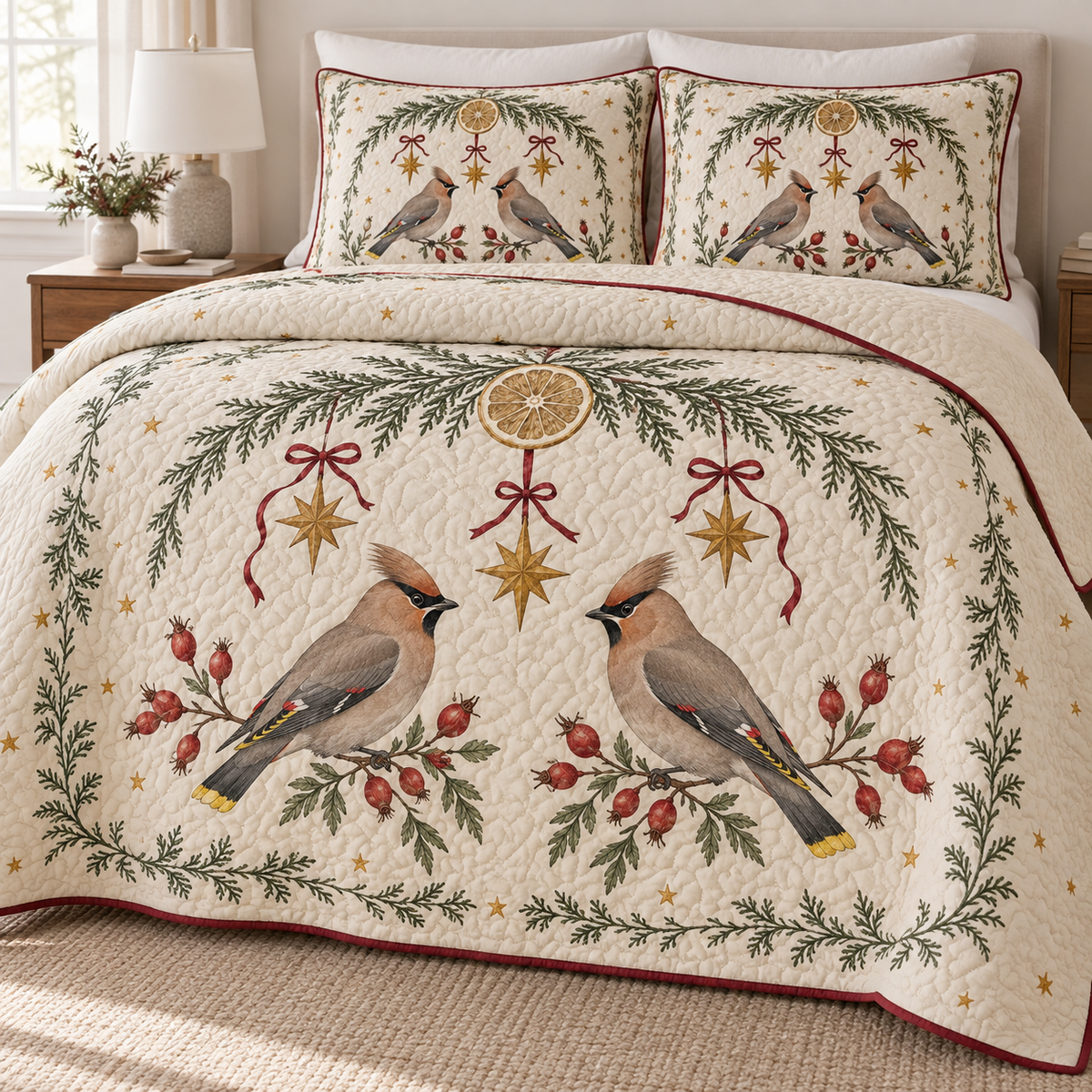 One ivory lightweight quilt and two matching pillow shams with printed waxwing pairs, cedar dried lemon arch and ochre stars, cranberry binding and cream reverse fold