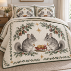 One ivory lightweight quilt and two matching pillow shams with printed chinchilla pairs, juniper holly fig arch and cranberry walnut sled, forest green binding and cream reverse fold