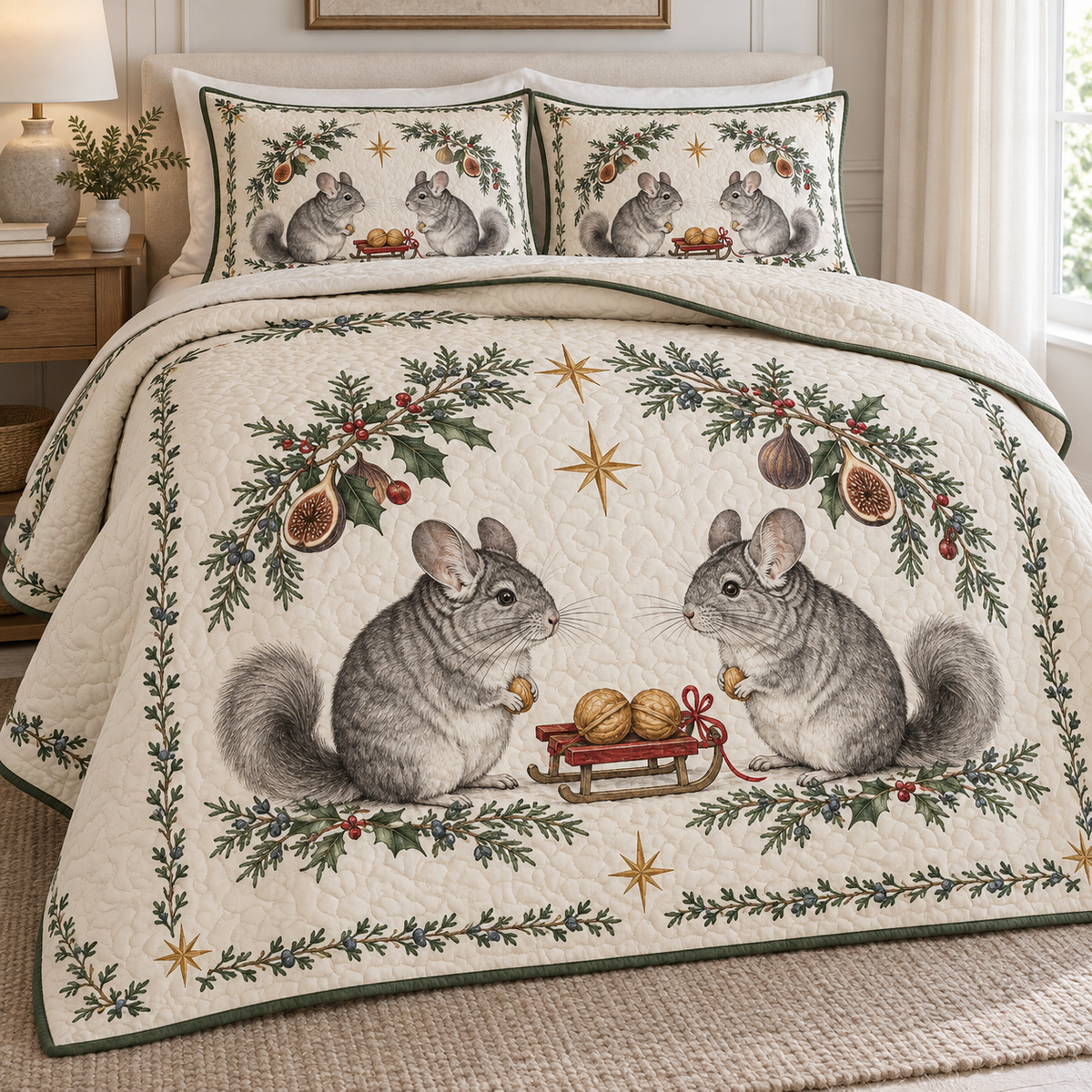 One ivory lightweight quilt and two matching pillow shams with printed chinchilla pairs, juniper holly fig arch and cranberry walnut sled, forest green binding and cream reverse fold