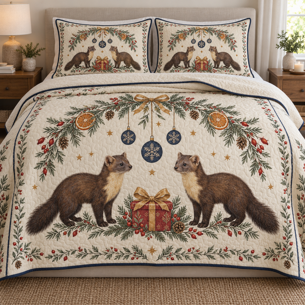 One ivory quilt and two matching shams with facing pine martens, cranberry gift, orange fir arch and navy snowflake baubles, navy binding and cream reverse
