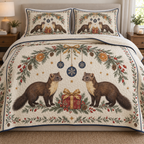 One ivory quilt and two matching shams with facing pine martens, cranberry gift, orange fir arch and navy snowflake baubles, navy binding and cream reverse