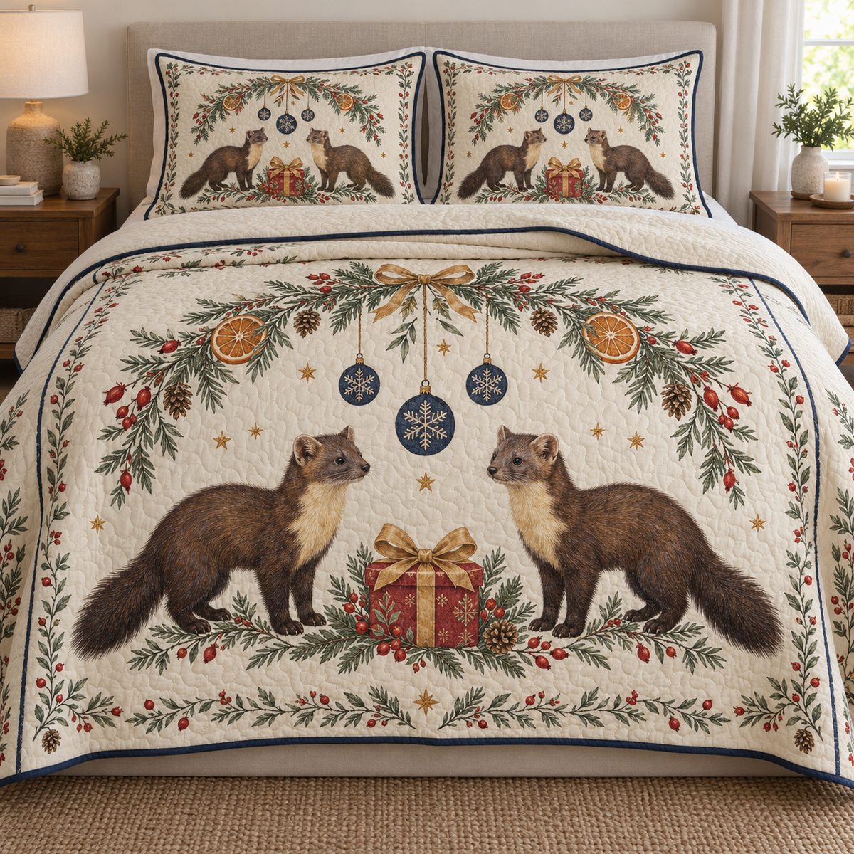 One ivory quilt and two matching shams with facing pine martens, cranberry gift, orange fir arch and navy snowflake baubles, navy binding and cream reverse