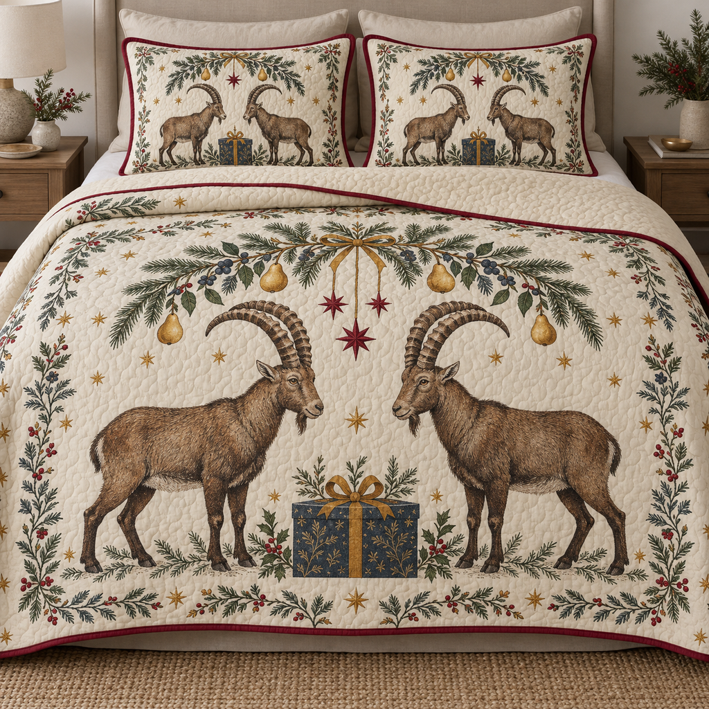 One ivory quilt and two shams with facing Alpine ibex, navy gift, pear fir juniper arch and cranberry stars, cranberry binding cream reverse
