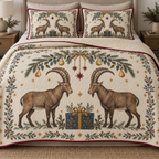One ivory quilt and two shams with facing Alpine ibex, navy gift, pear fir juniper arch and cranberry stars, cranberry binding cream reverse