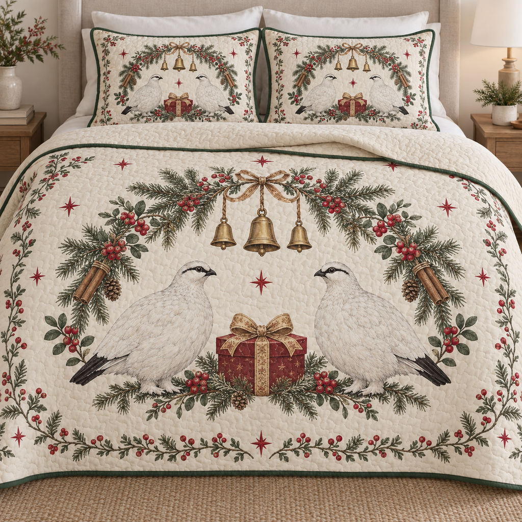 One ivory quilt and two matching shams with white ptarmigan pair, cranberry gift, spruce lingonberry cinnamon arch and ochre bells, green binding cream reverse