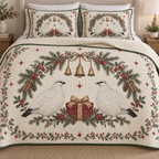 One ivory quilt and two matching shams with white ptarmigan pair, cranberry gift, spruce lingonberry cinnamon arch and ochre bells, green binding cream reverse