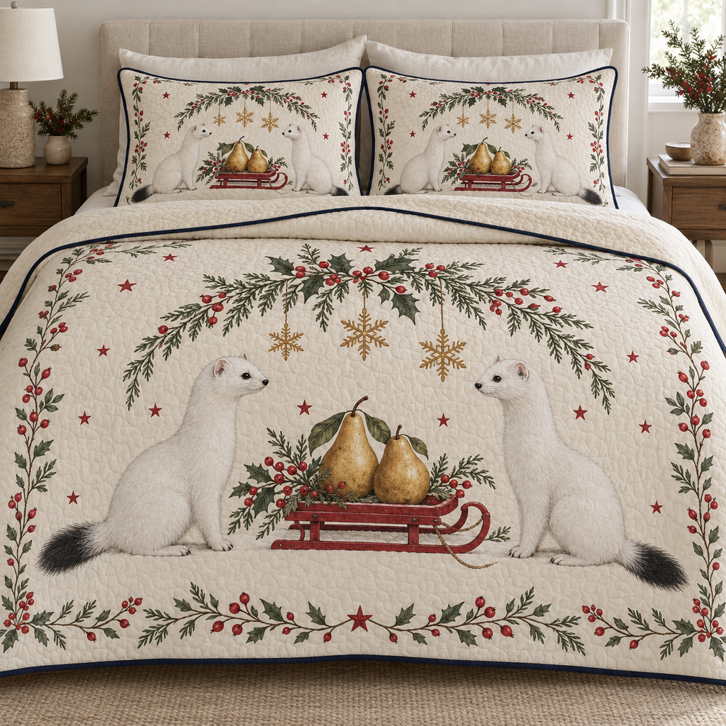 One ivory quilt and two shams with white stoat pair, pear sled, cedar holly rosehip arch and ochre snowflake stars, navy binding cream reverse