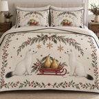 One ivory quilt and two shams with white stoat pair, pear sled, cedar holly rosehip arch and ochre snowflake stars, navy binding cream reverse