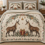 One ivory quilt and two shams with facing Alpine chamois, cranberry gift, orange juniper mistletoe arch and ochre bells, green binding cream reverse