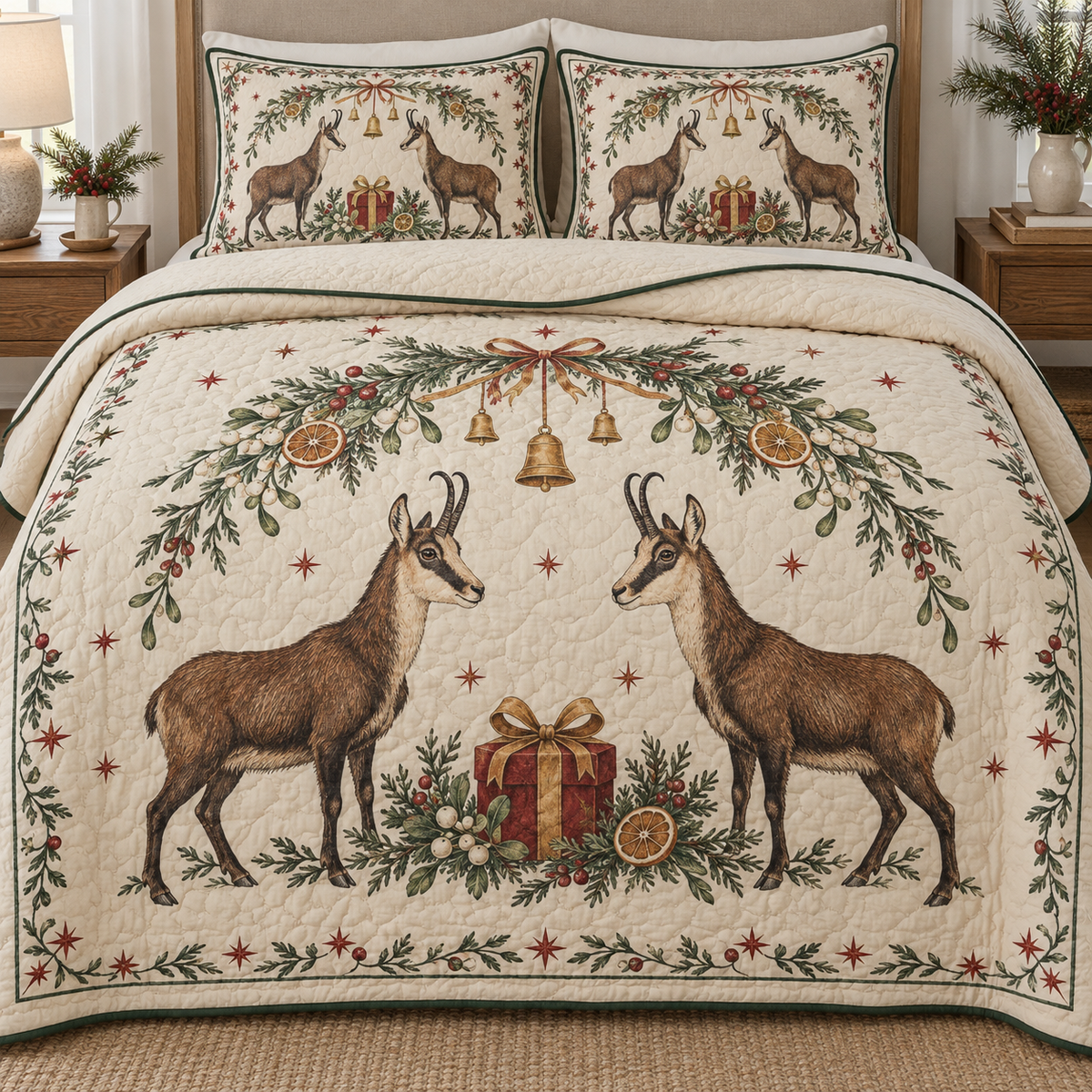One ivory quilt and two shams with facing Alpine chamois, cranberry gift, orange juniper mistletoe arch and ochre bells, green binding cream reverse