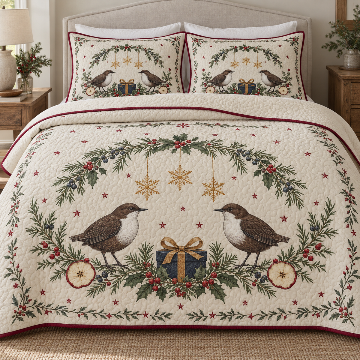 One ivory quilt and two shams with white-throated dipper pair, navy gift, dried apple juniper holly arch and ochre snowflake stars, cranberry binding cream reverse