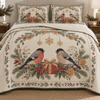 One ivory quilt and two shams with Eurasian bullfinch pair, cranberry gift, dried orange fir rosehip arch and ochre snowflake stars, green binding cream reverse