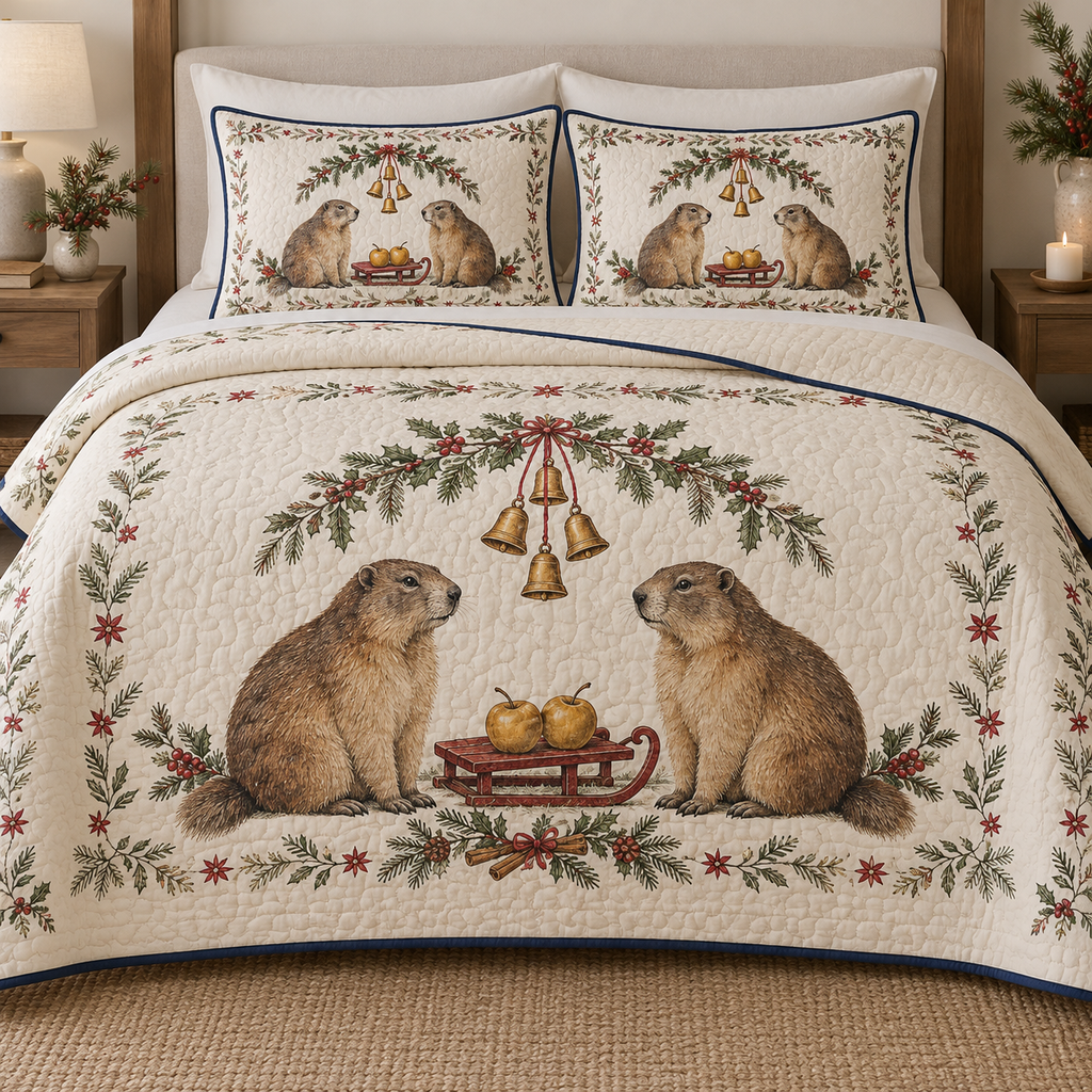 One ivory quilt and two shams with Alpine marmot pair, apple sled, fir holly cinnamon arch and ochre bells, navy binding cream reverse