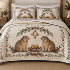 One ivory quilt and two shams with Alpine marmot pair, apple sled, fir holly cinnamon arch and ochre bells, navy binding cream reverse