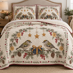 One ivory quilt and two shams with goldcrest pair, navy gift, dried lemon fir redcurrant arch and ochre stars, cranberry binding cream reverse